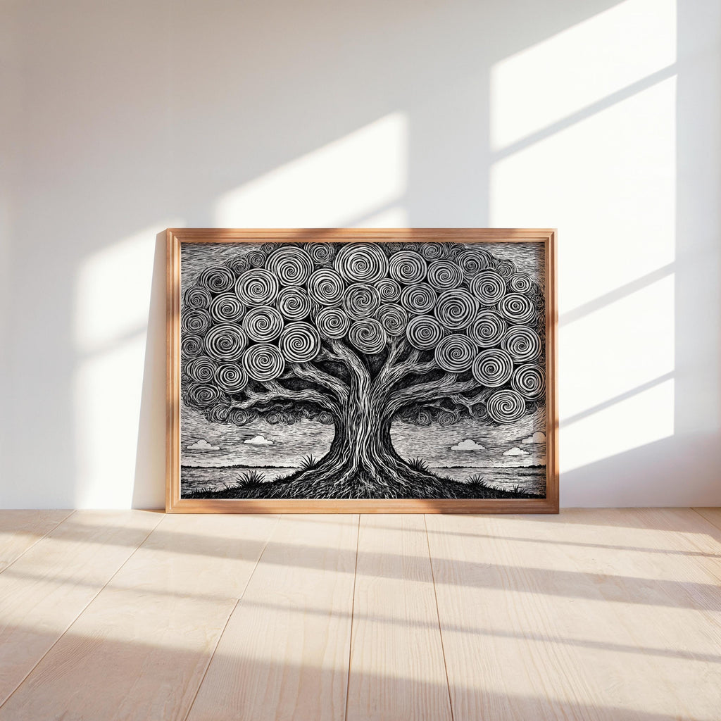 Horizontal black and white tree of life wall art, wood frame on the floor, sunlight emphasizing swirling linocut textures.