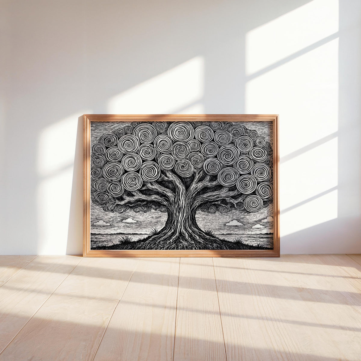 Horizontal black and white tree of life wall art, wood frame on the floor, sunlight emphasizing swirling linocut textures.