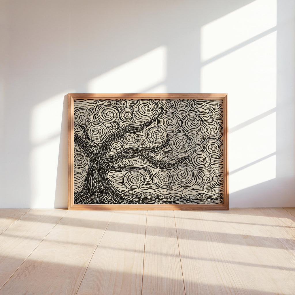 Sunlit corner view, small wood frame holding linocut tree print, neutral tree wall art with warm shadows