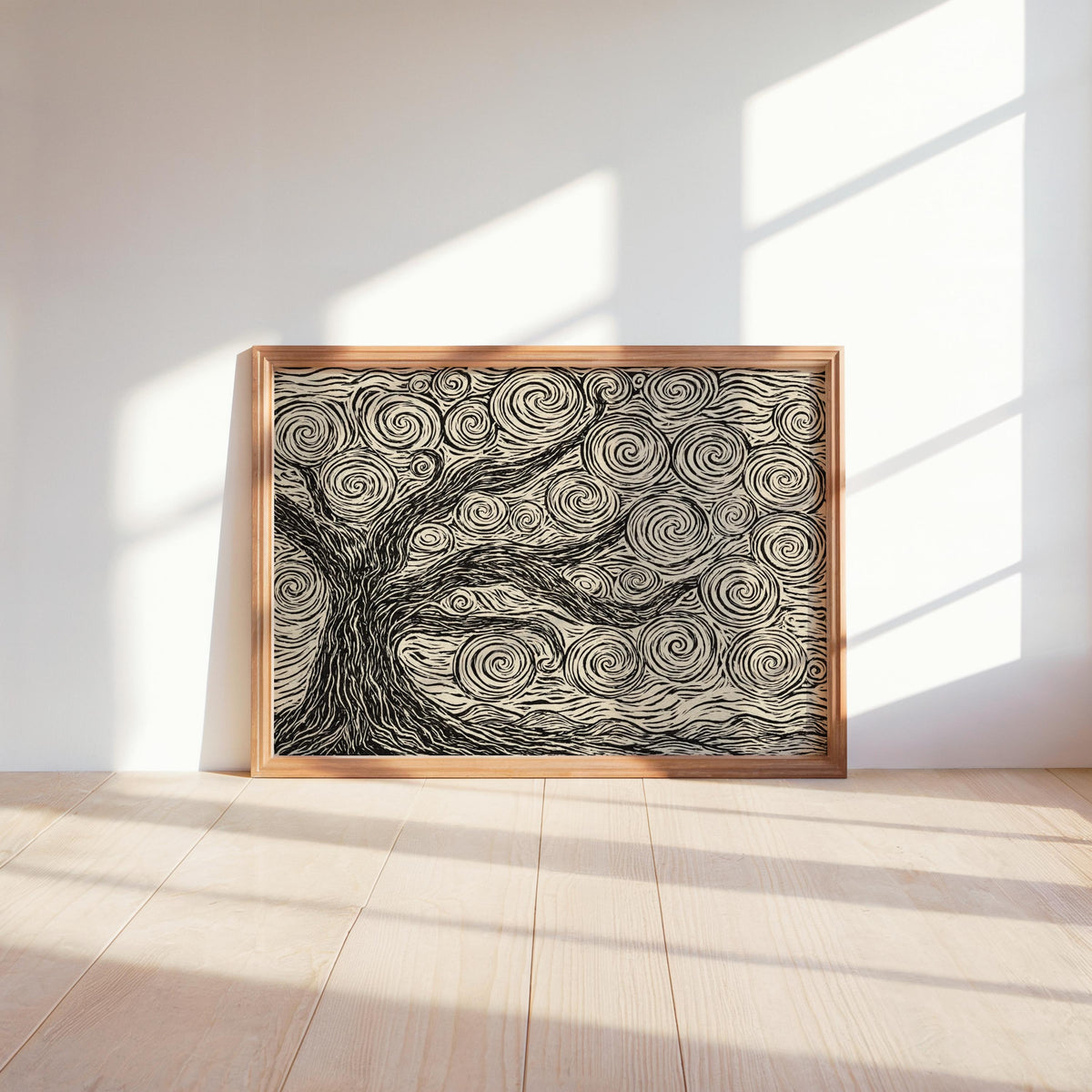 Sunlit corner view, small wood frame holding linocut tree print, neutral tree wall art with warm shadows