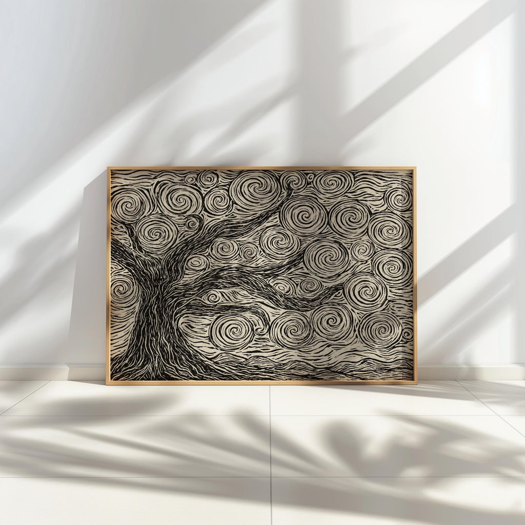 Framed linocut tree print propped against wall, bright window light casting stripes, neutral tree wall art