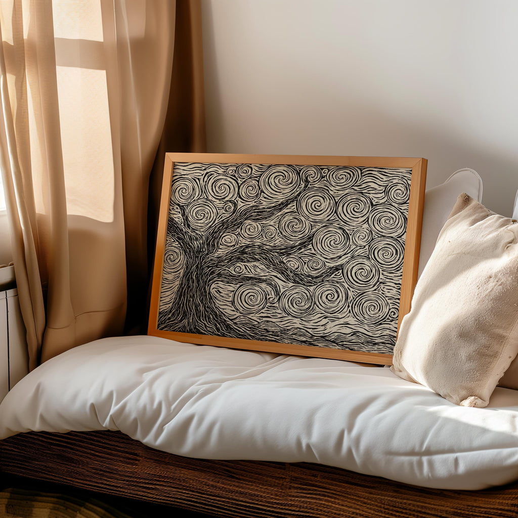 Wood frame resting on a cozy bed near pillows, swirling botanical linocut tree print, neutral tree wall art