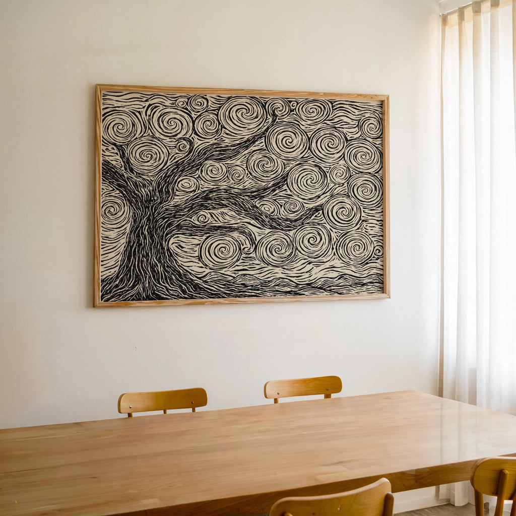 Large wood frame centered above dining table, dense hand carved style linocut tree print, neutral tree wall art