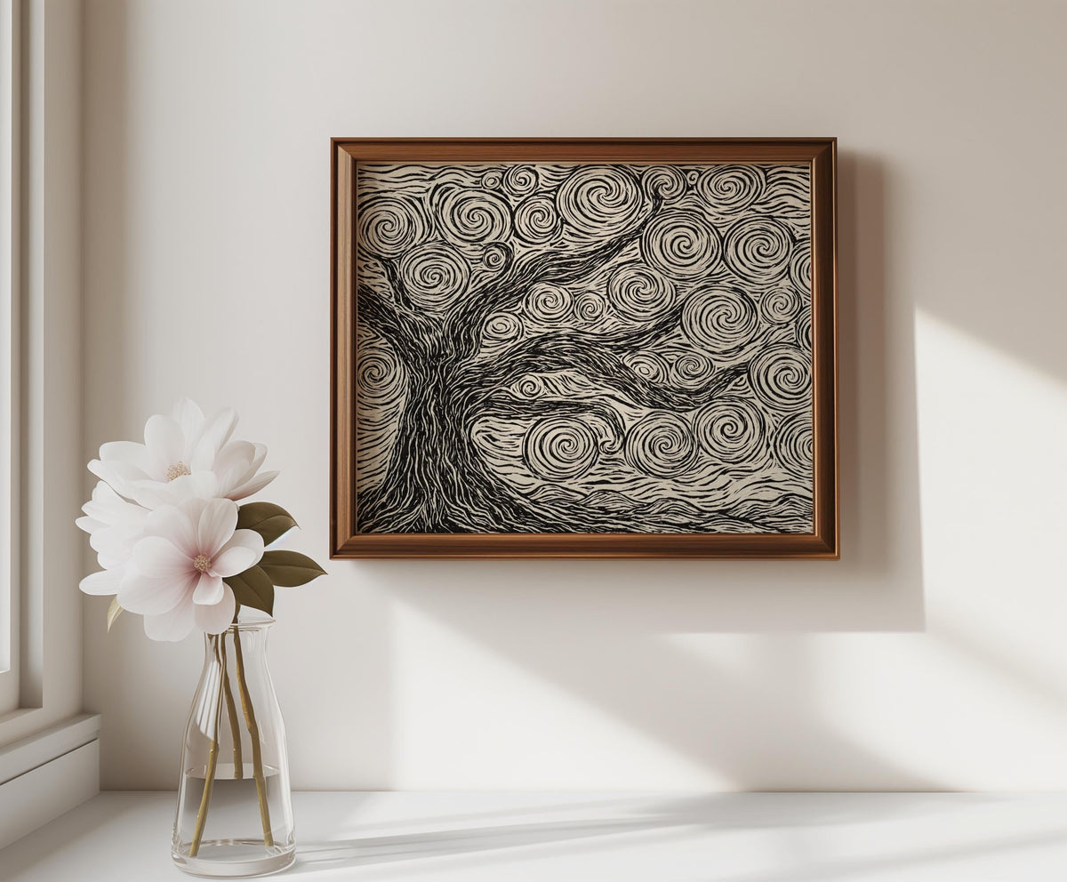 Dark wood frame hung above table, black and cream linocut tree print, modern farmhouse neutral tree wall art