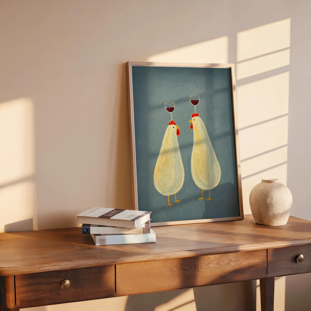 Abstract Chicken Wine Art, Funny Rustic Kitchen Wall Decor, Whimsical Rooster Poster, Funny Farmhouse Print, Colorful Bird Animal Canvas
