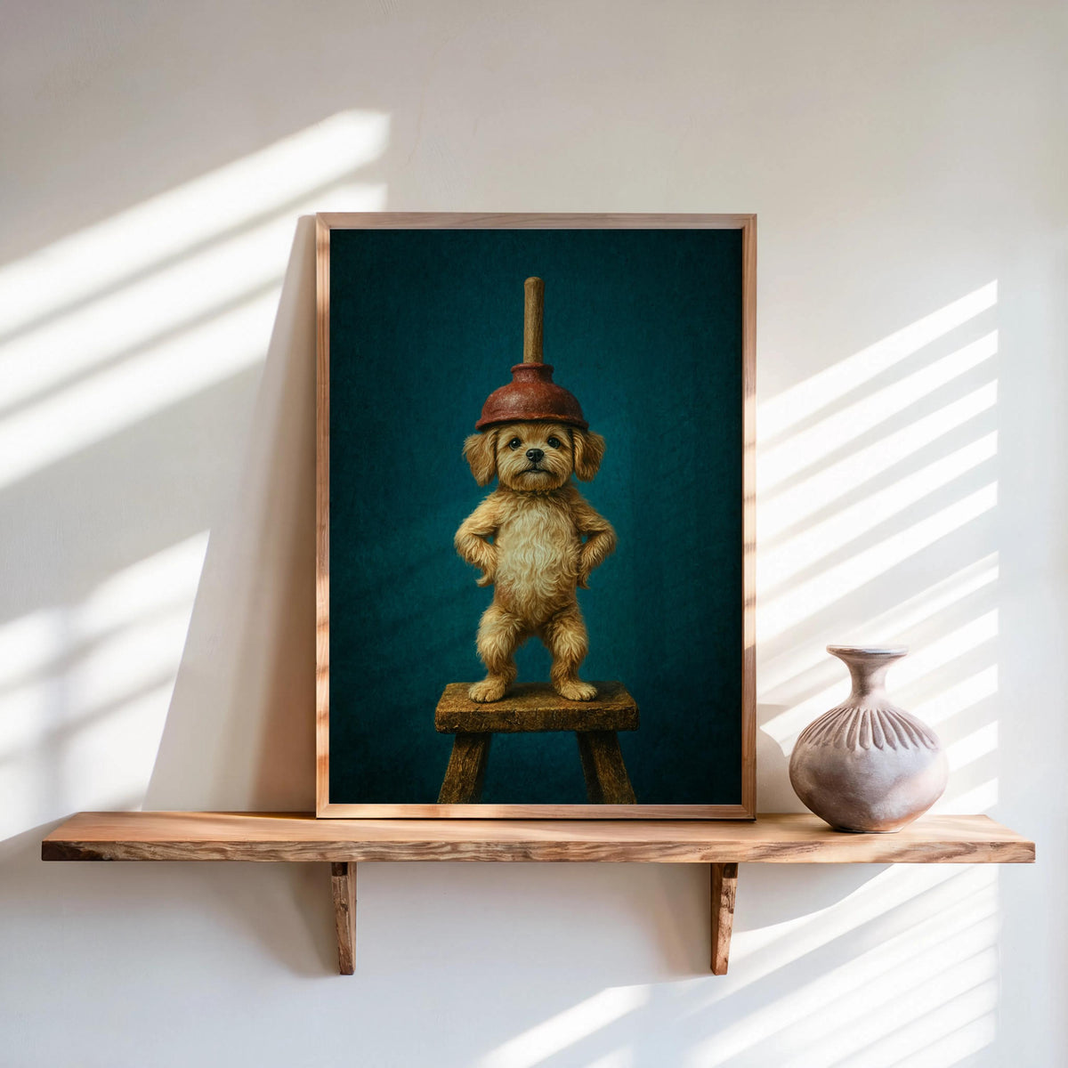 Puppy With Red Plunger Print, Funny Dog Bathroom Wall Art, Cute Restroom Decor, Vintage Whimsical Animal Toilet Loo Powder Room Poster
