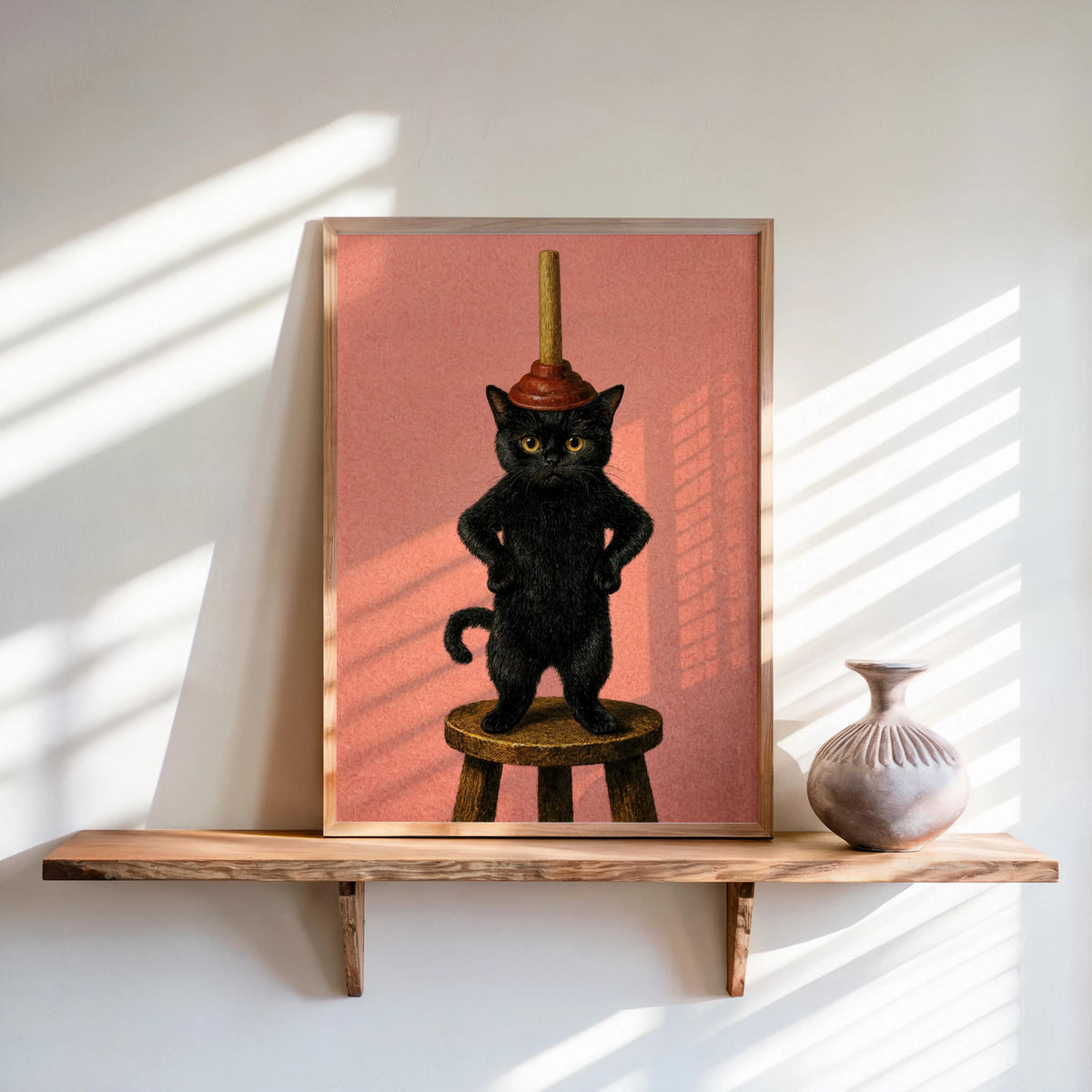Framed funny black cat bathroom art, dusty pink background, quirky black cat print balancing a plunger on head
