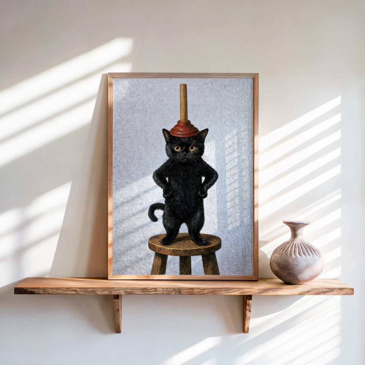 Framed funny black cat bathroom art, pale gray background, surreal plunger cat perched on wooden stool