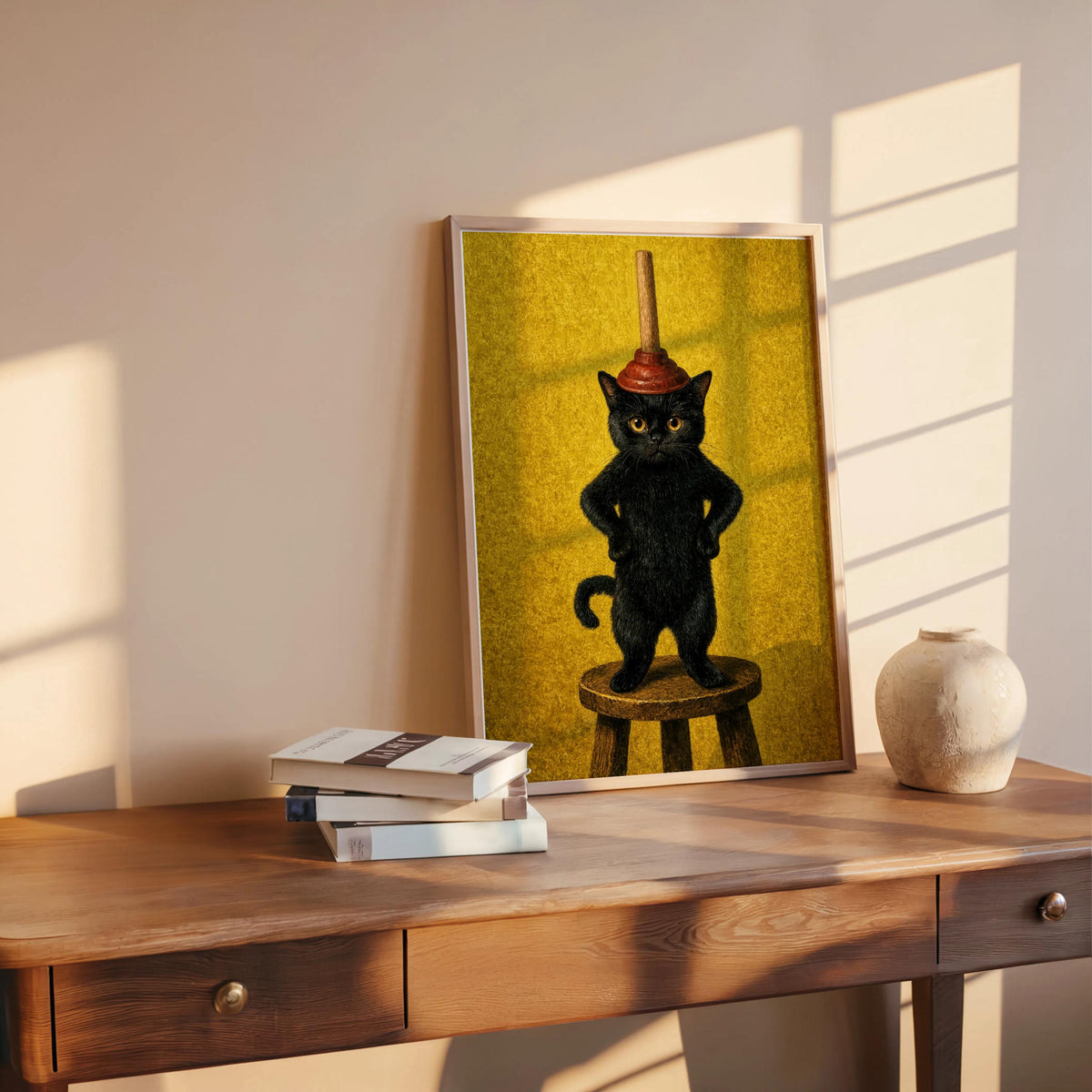 Leaning funny black cat bathroom art print, mustard backdrop, warm sunlight on table, perfect quirky bathroom wall decor