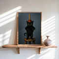 Framed funny black cat bathroom art, dark blue background, cat on stool with plunger, sunlit shelf