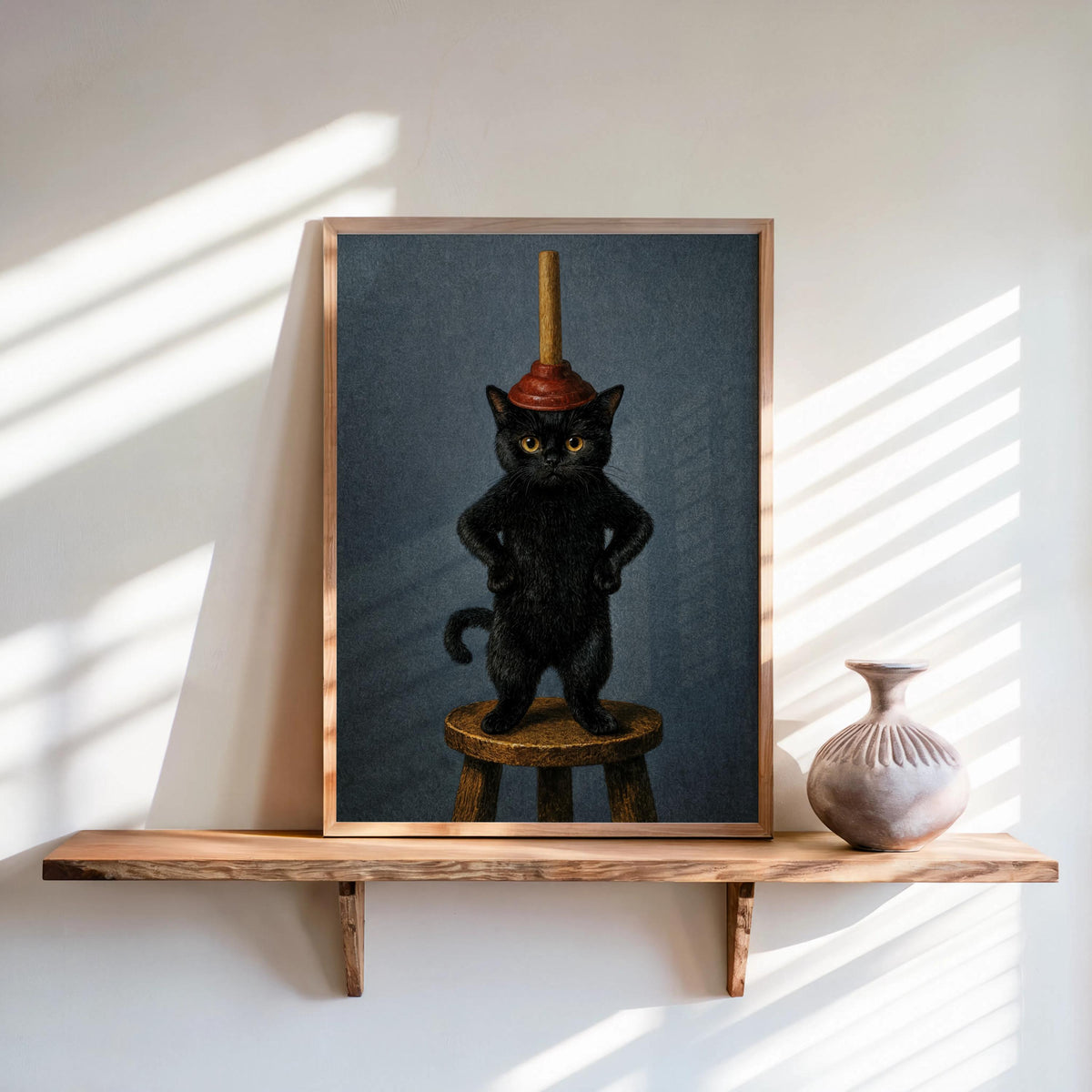 Framed funny black cat bathroom art, dark blue background, cat on stool with plunger, sunlit shelf