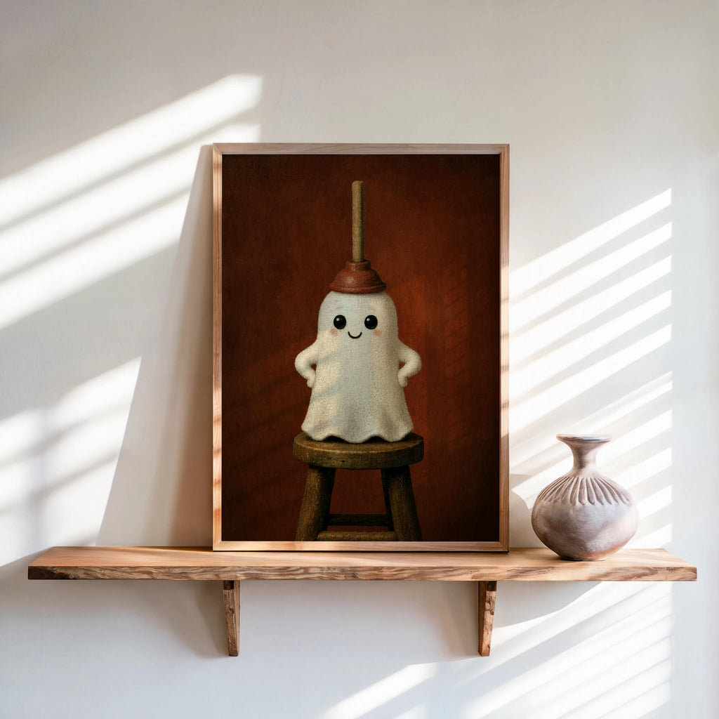 Rust background framed funny bathroom wall art, spooky cute ghost perched on stool, ceramic vase beside
