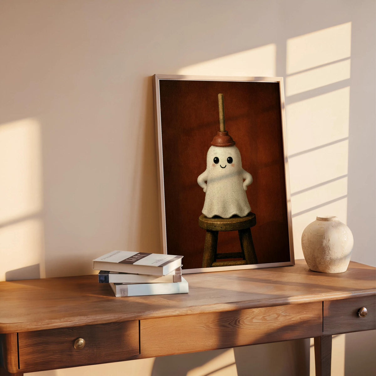 Rust toned ghost bathroom wall art leaning on table, funny guest bathroom decor with sunlight accents