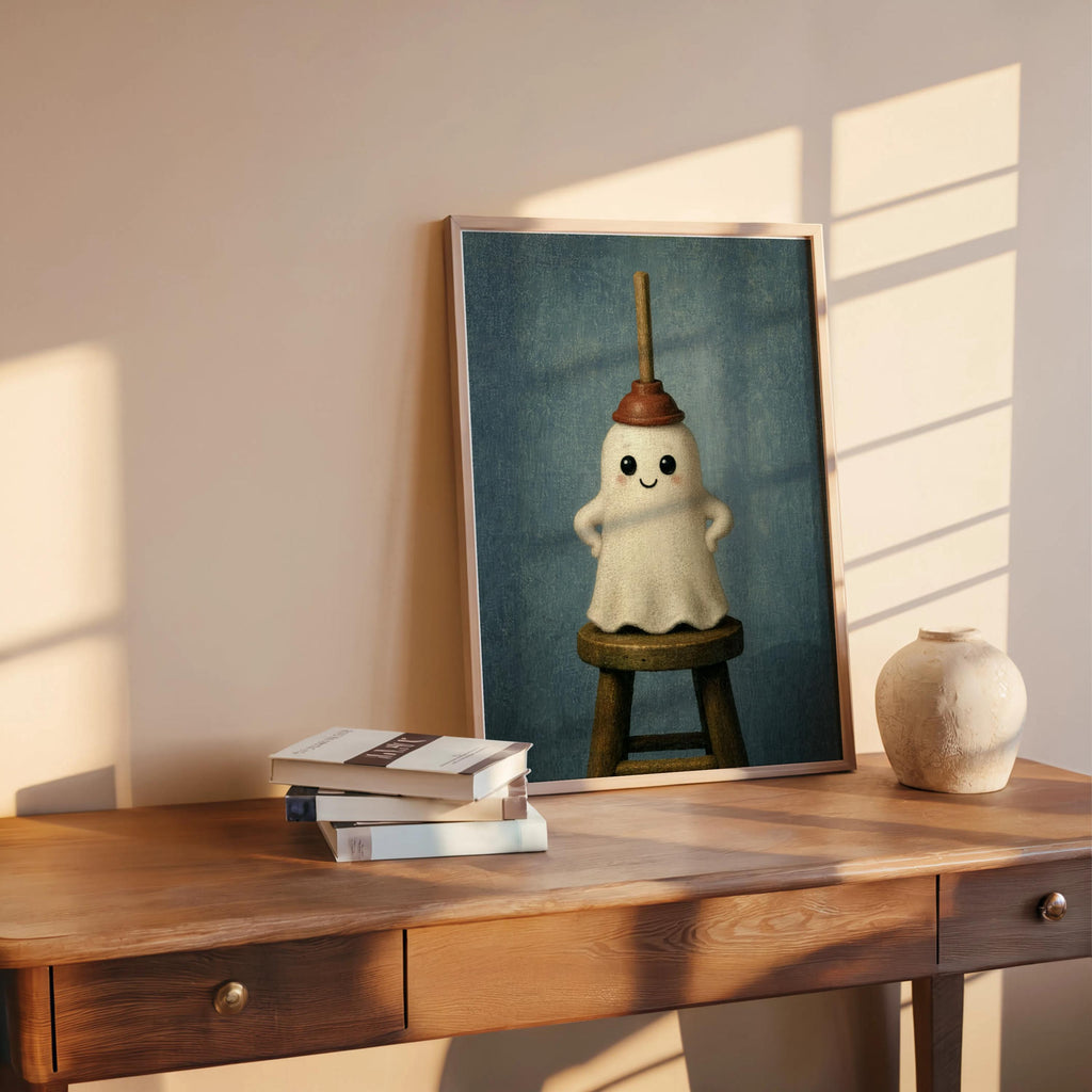 Blue whimsical restroom wall art leaning against wall, ghost with plunger hat, styled with pottery and books