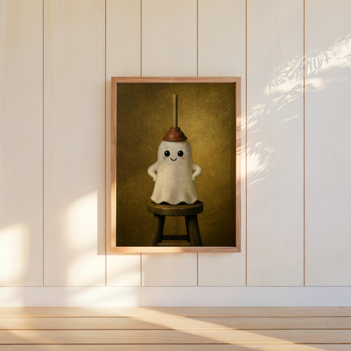Ochre spooky cute ghost print shown leaning, powder room wall art with vintage texture and warm light
