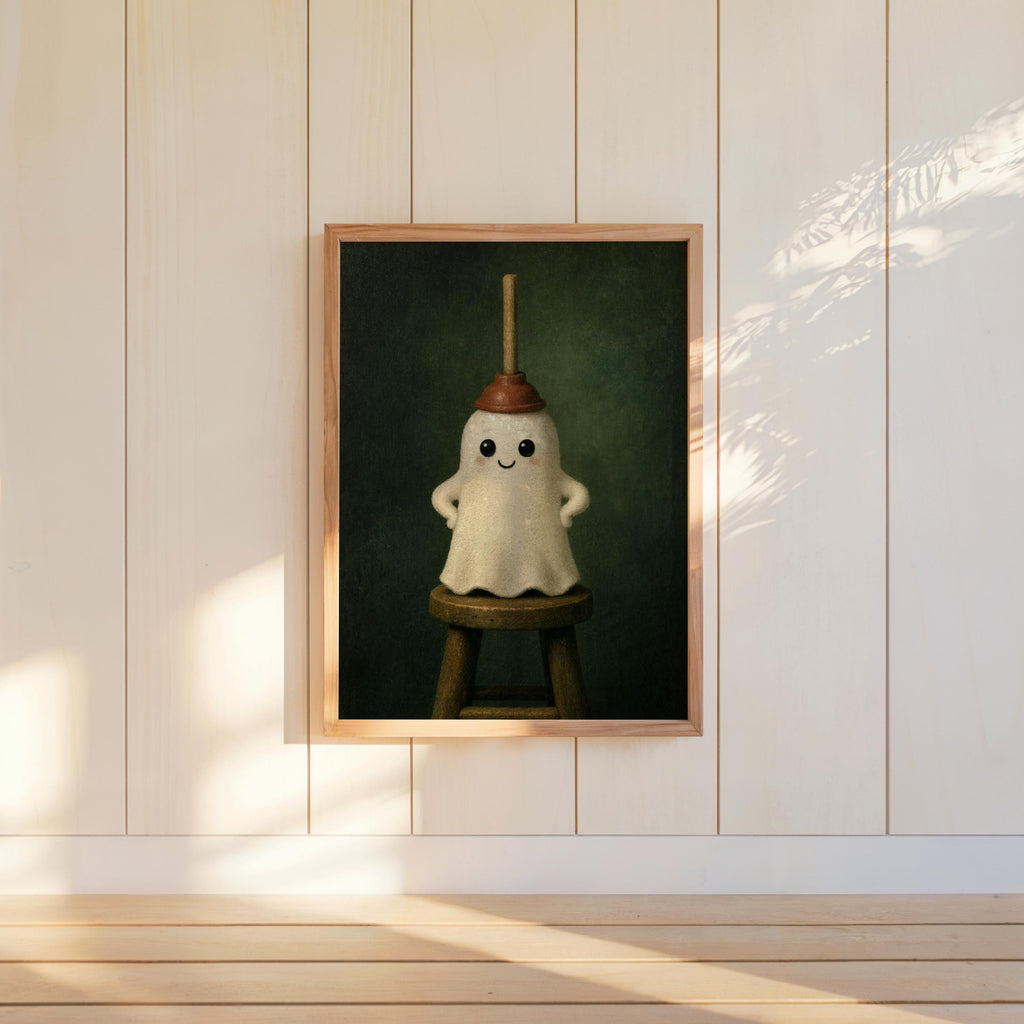 Dark green ghost bathroom print hung on white wall, playful spooky cute ghost print for powder room
