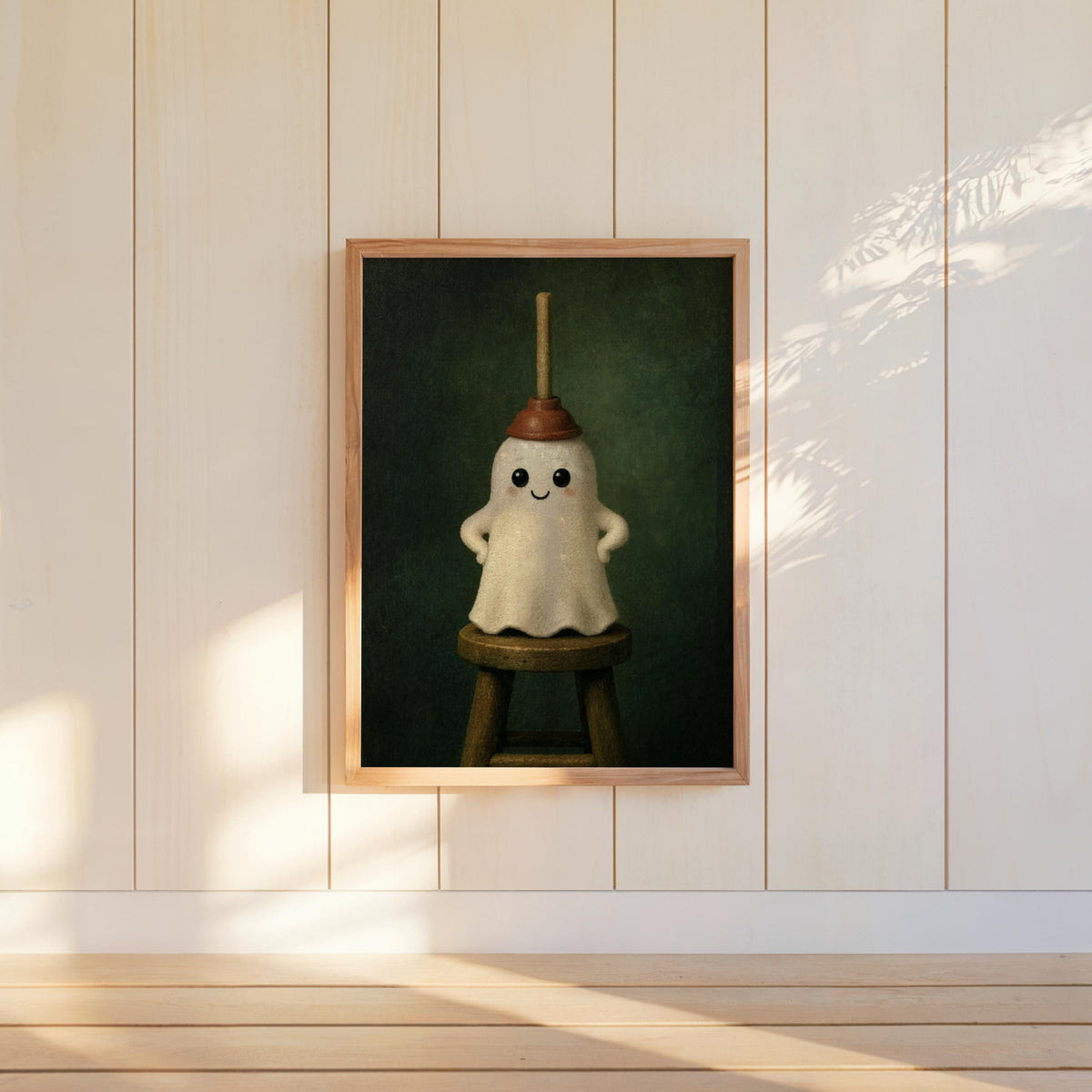 Dark green ghost bathroom print hung on white wall, playful spooky cute ghost print for powder room