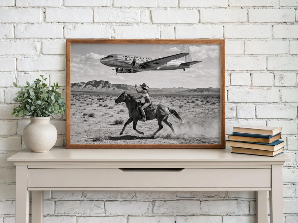 Retro Cowgirl Airplane Poster, American Airlines Photo Black & White, Western Female Cowboy 1950s Wall Art, Vintage Mid Century Horse Decor