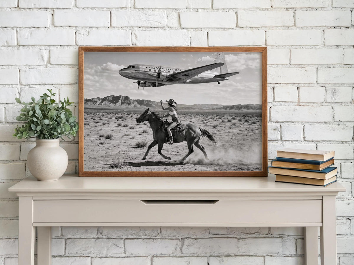 Retro Cowgirl Airplane Poster, American Airlines Photo Black & White, Western Female Cowboy 1950s Wall Art, Vintage Mid Century Horse Decor