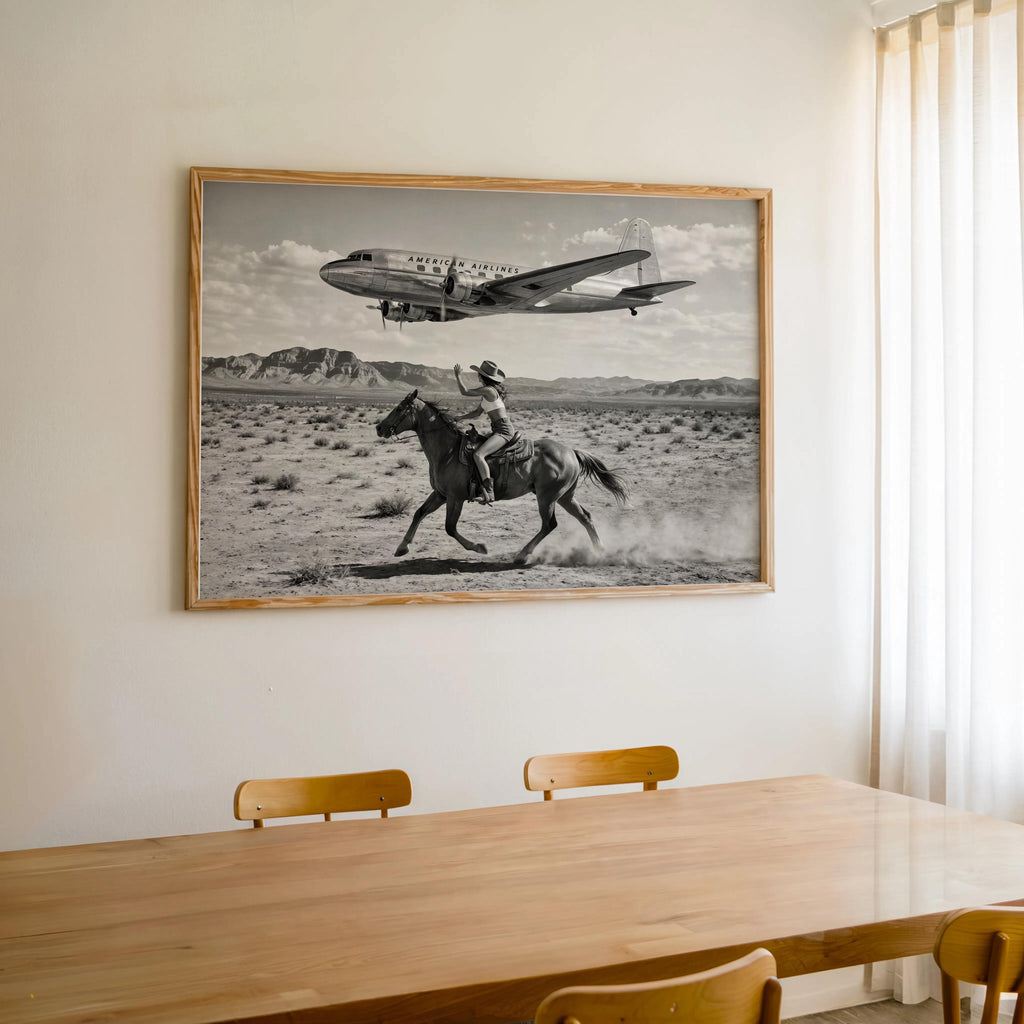 Retro Cowgirl Airplane Poster, American Airlines Photo Black & White, Western Female Cowboy 1950s Wall Art, Vintage Mid Century Horse Decor