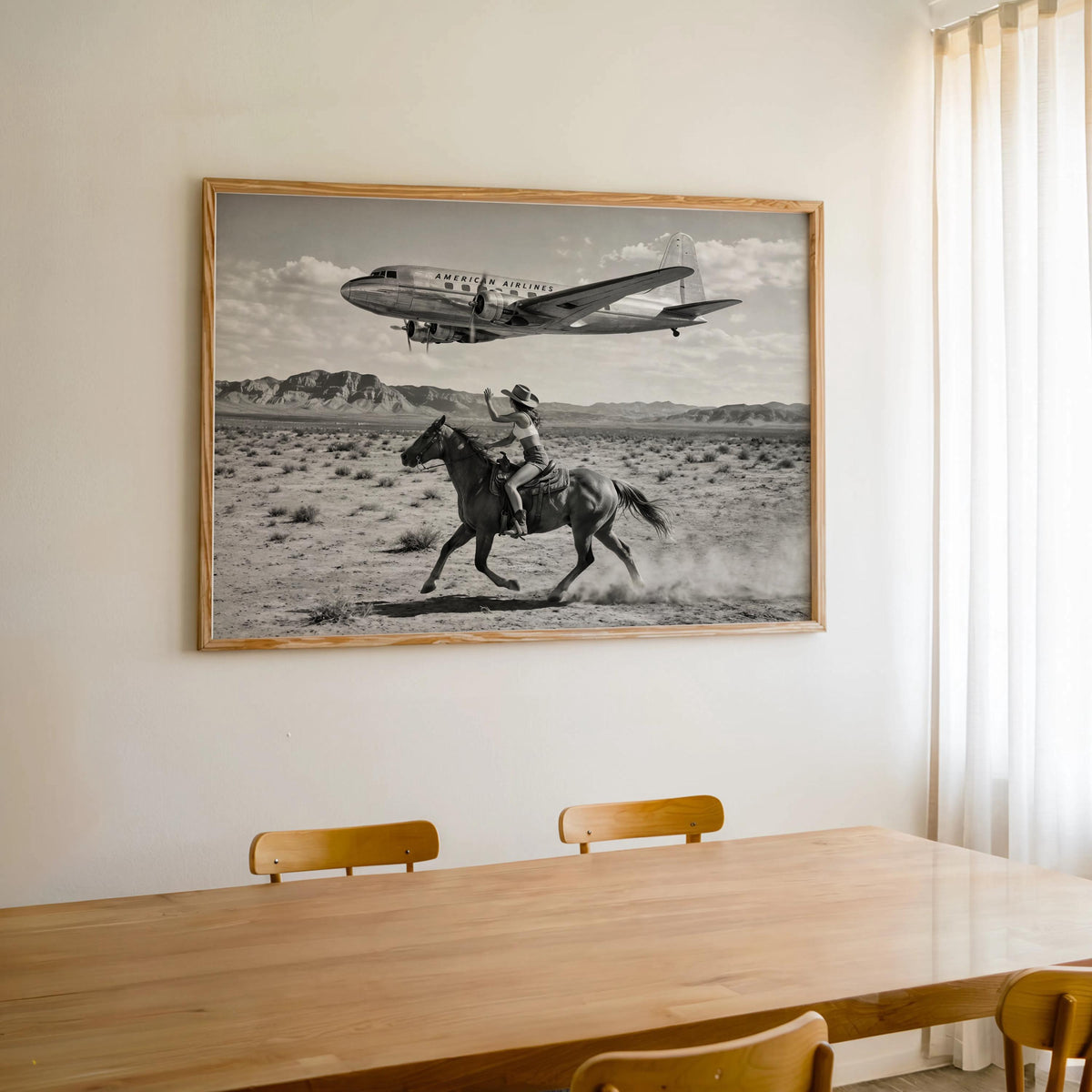 Retro Cowgirl Airplane Poster, American Airlines Photo Black & White, Western Female Cowboy 1950s Wall Art, Vintage Mid Century Horse Decor