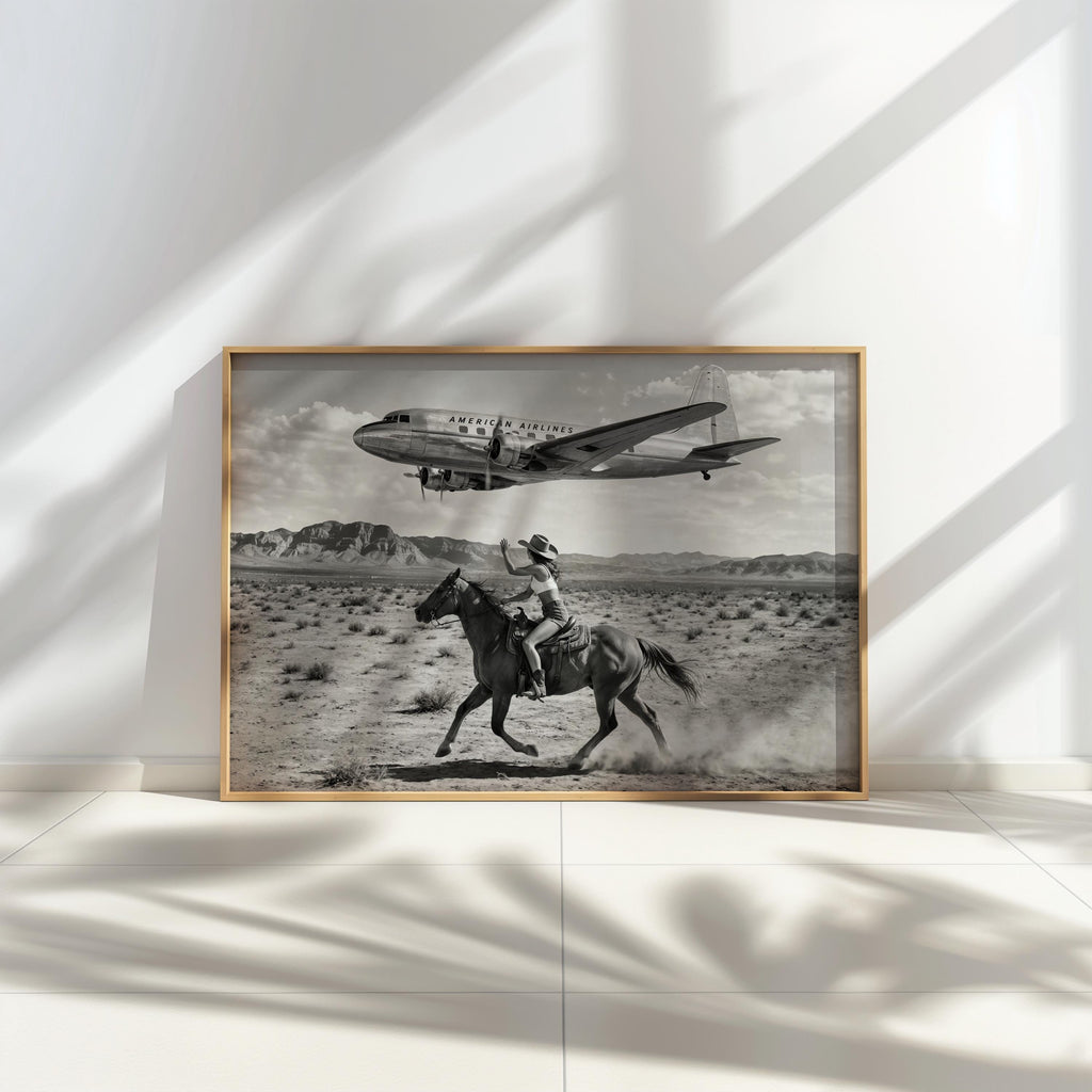Retro Cowgirl Airplane Poster, American Airlines Photo Black & White, Western Female Cowboy 1950s Wall Art, Vintage Mid Century Horse Decor