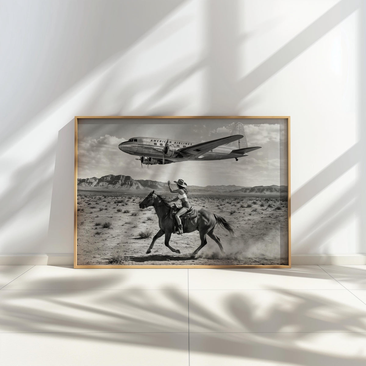 Retro Cowgirl Airplane Poster, American Airlines Photo Black & White, Western Female Cowboy 1950s Wall Art, Vintage Mid Century Horse Decor