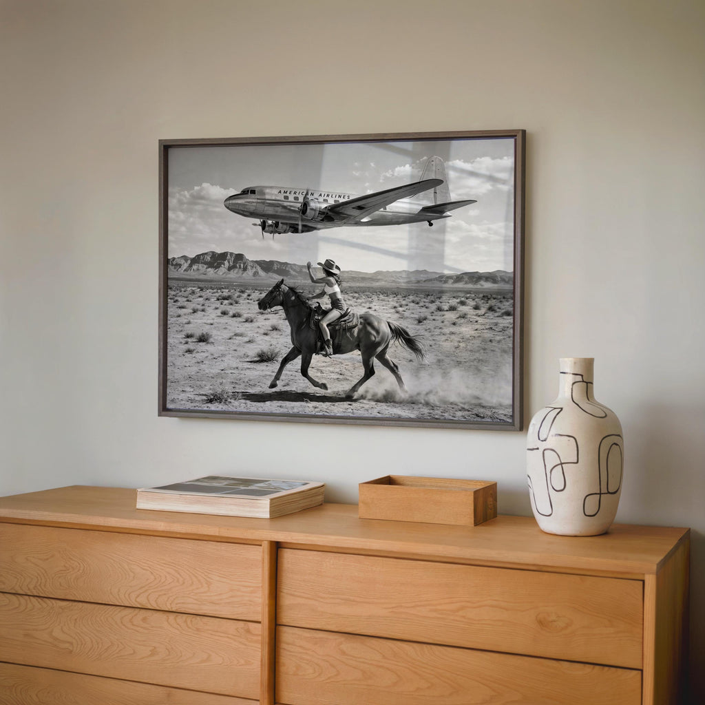 Retro Cowgirl Airplane Poster, American Airlines Photo Black & White, Western Female Cowboy 1950s Wall Art, Vintage Mid Century Horse Decor