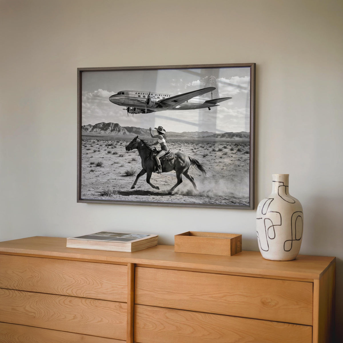 Retro Cowgirl Airplane Poster, American Airlines Photo Black & White, Western Female Cowboy 1950s Wall Art, Vintage Mid Century Horse Decor