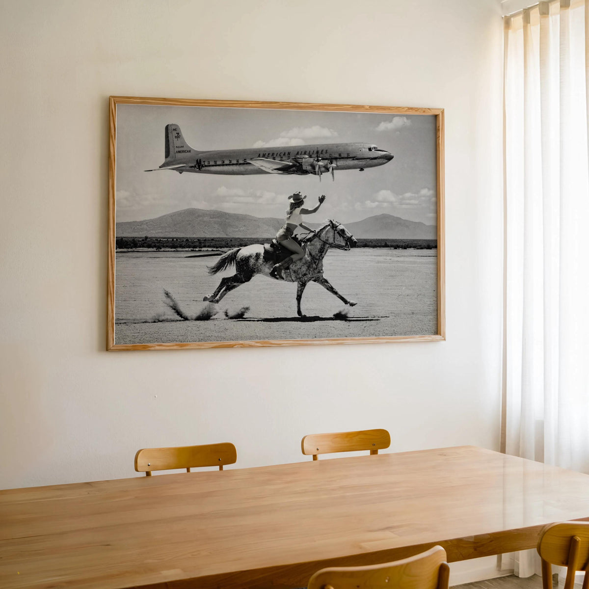 Retro Airplane Poster, Vintage Cowgirl Cowboy Wall Art, Black and White Desert Print, Funny Surreal Western Photography, 1950s Desert Horse
