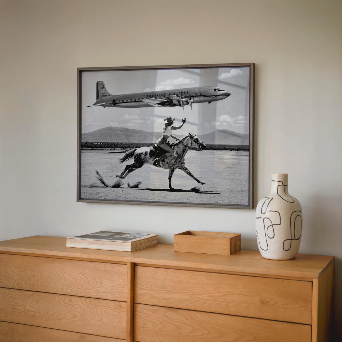 Retro Airplane Poster, Vintage Cowgirl Cowboy Wall Art, Black and White Desert Print, Funny Surreal Western Photography, 1950s Desert Horse