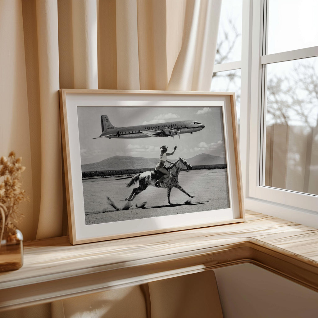 Retro Airplane Poster, Vintage Cowgirl Cowboy Wall Art, Black and White Desert Print, Funny Surreal Western Photography, 1950s Desert Horse