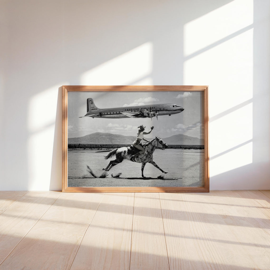 Retro Airplane Poster, Vintage Cowgirl Cowboy Wall Art, Black and White Desert Print, Funny Surreal Western Photography, 1950s Desert Horse