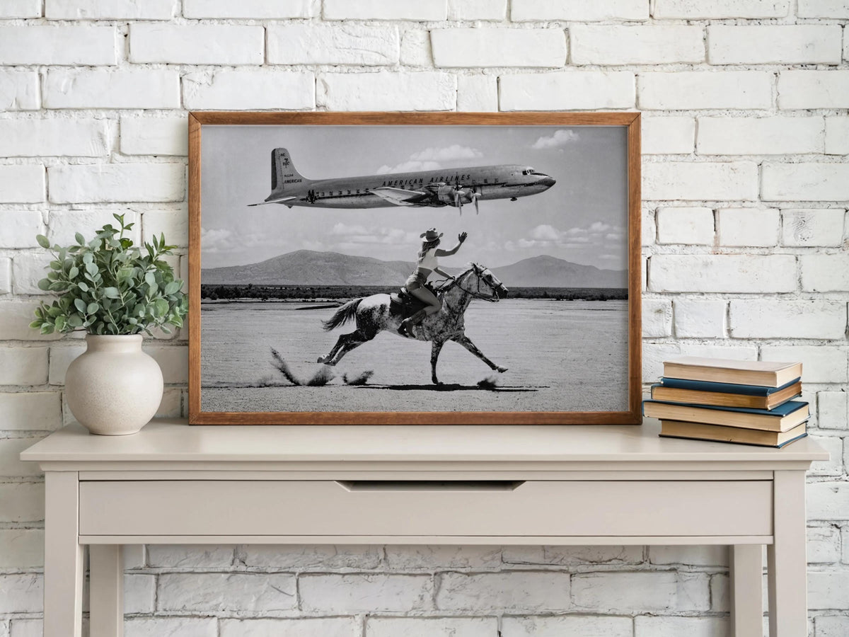 Retro Airplane Poster, Vintage Cowgirl Cowboy Wall Art, Black and White Desert Print, Funny Surreal Western Photography, 1950s Desert Horse