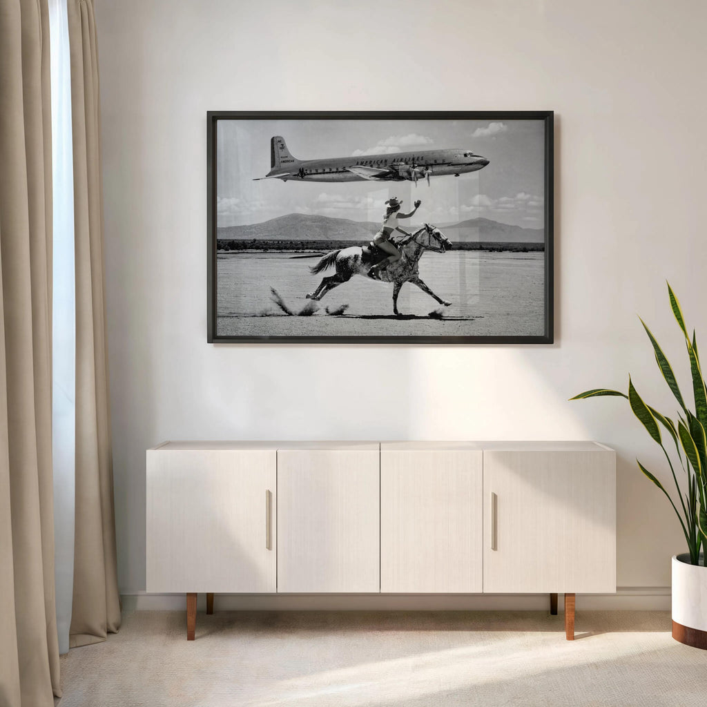 Retro Airplane Poster, Vintage Cowgirl Cowboy Wall Art, Black and White Desert Print, Funny Surreal Western Photography, 1950s Desert Horse