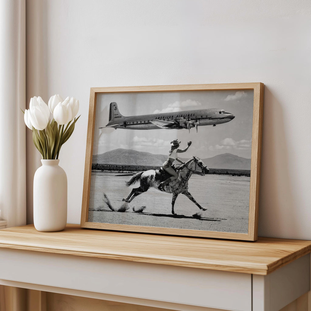 Retro Airplane Poster, Vintage Cowgirl Cowboy Wall Art, Black and White Desert Print, Funny Surreal Western Photography, 1950s Desert Horse