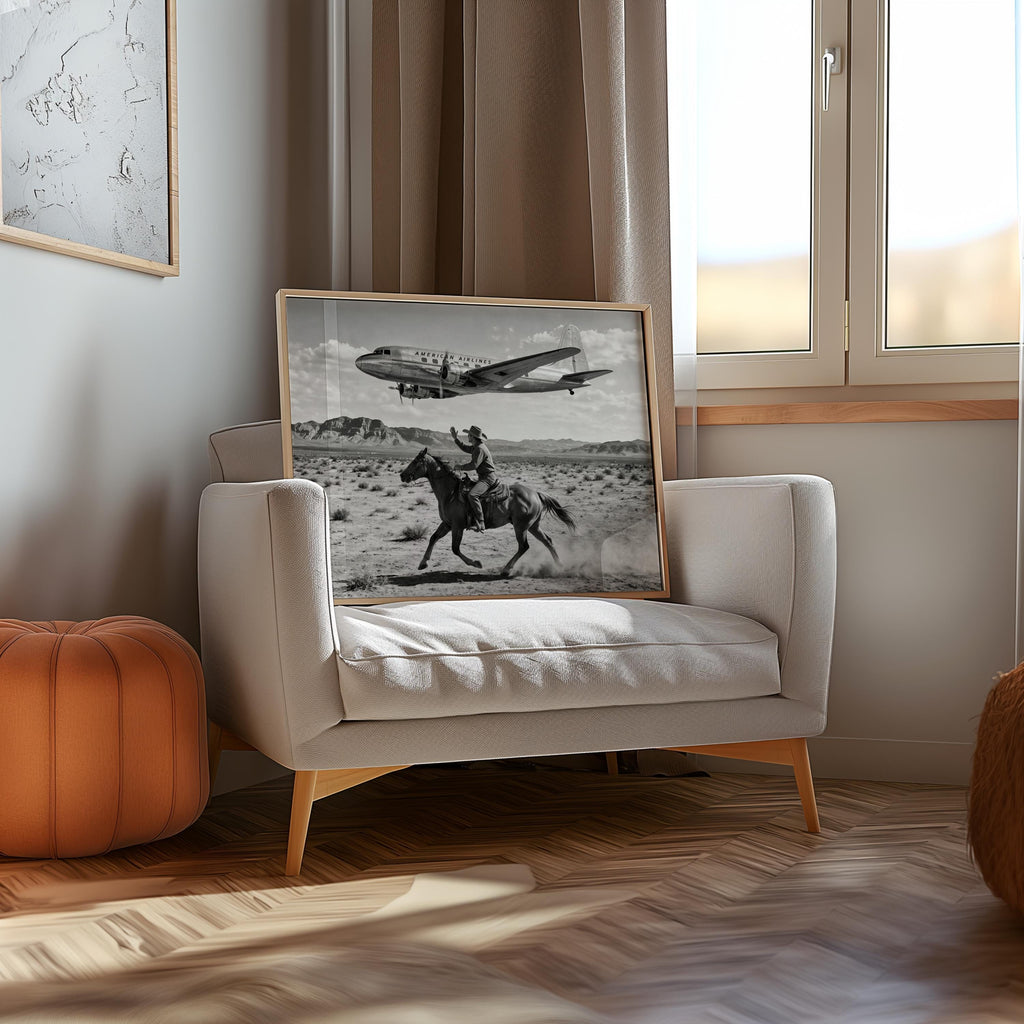 Cowboy & Airplane Wall Art, Vintage Aviation Print, Mid Century Desert Poster, Maximalist Western Decor, Black and White Funny Horse Rider