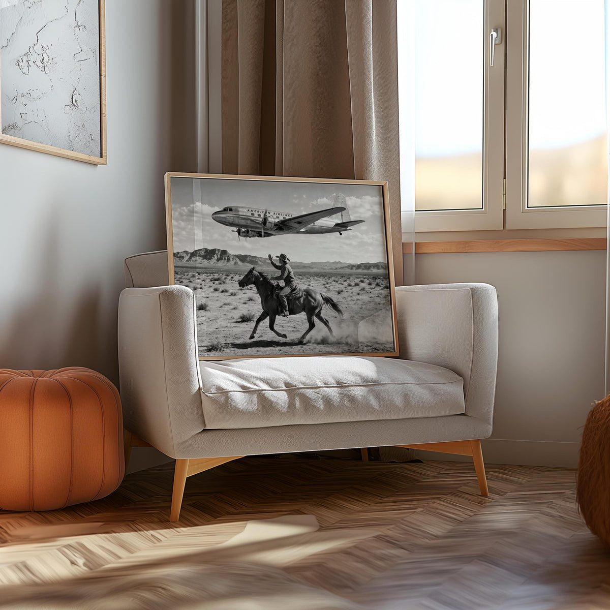 Cowboy & Airplane Wall Art, Vintage Aviation Print, Mid Century Desert Poster, Maximalist Western Decor, Black and White Funny Horse Rider