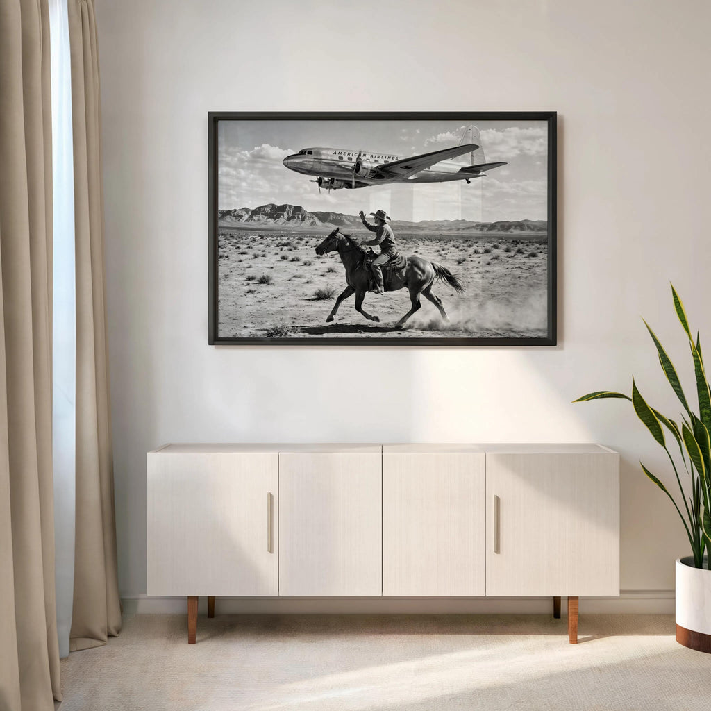 Cowboy & Airplane Wall Art, Vintage Aviation Print, Mid Century Desert Poster, Maximalist Western Decor, Black and White Funny Horse Rider