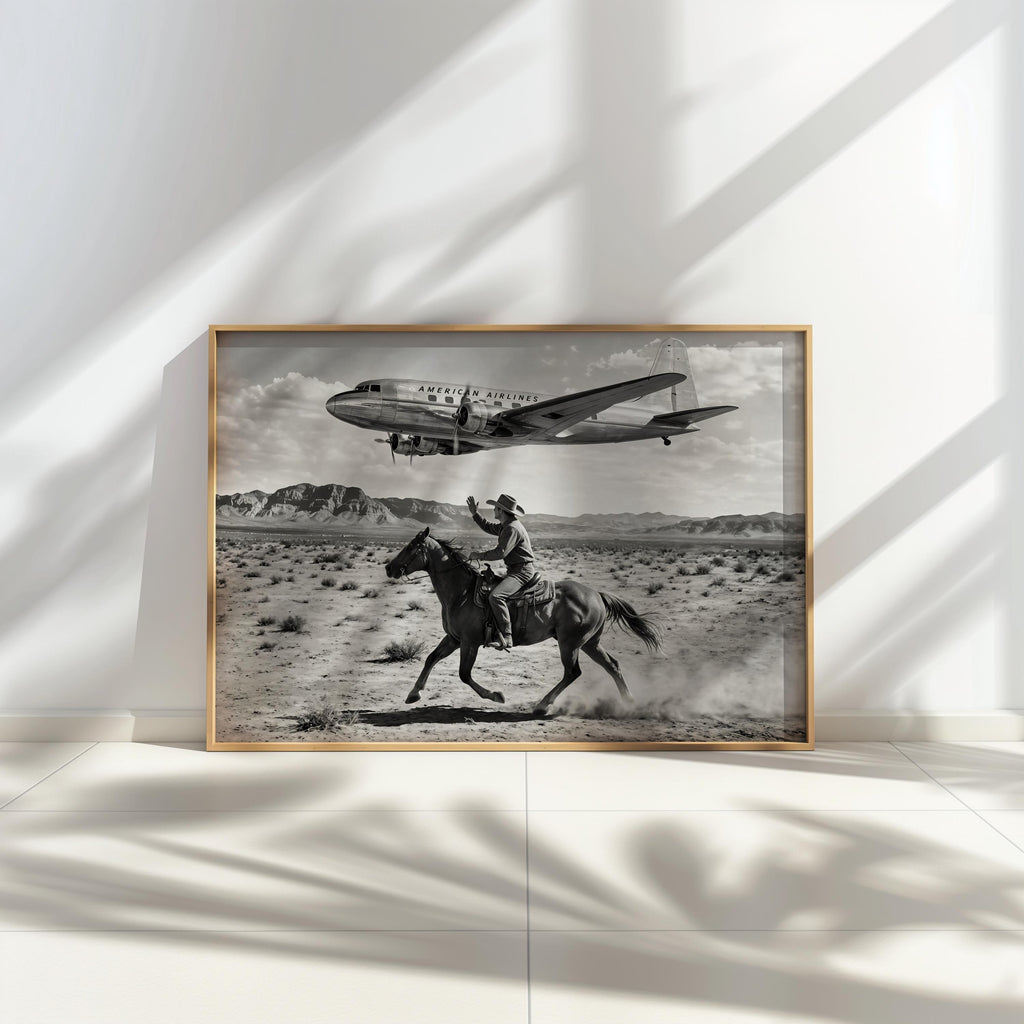 Cowboy & Airplane Wall Art, Vintage Aviation Print, Mid Century Desert Poster, Maximalist Western Decor, Black and White Funny Horse Rider