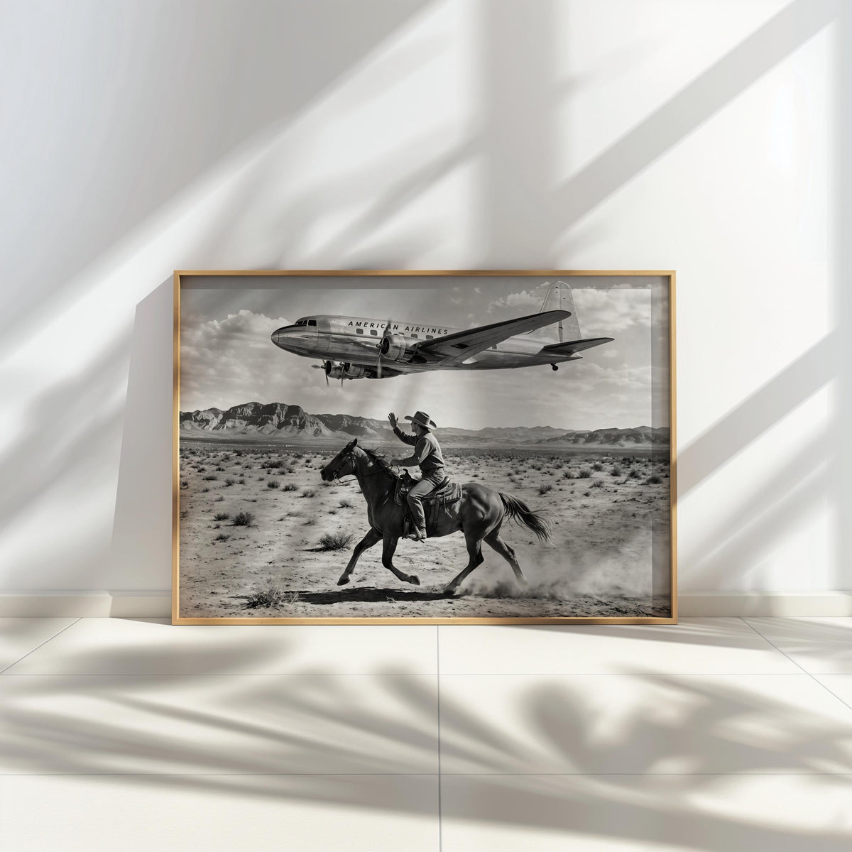 Cowboy & Airplane Wall Art, Vintage Aviation Print, Mid Century Desert Poster, Maximalist Western Decor, Black and White Funny Horse Rider