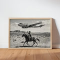 Cowboy & Airplane Wall Art, Vintage Aviation Print, Mid Century Desert Poster, Maximalist Western Decor, Black and White Funny Horse Rider