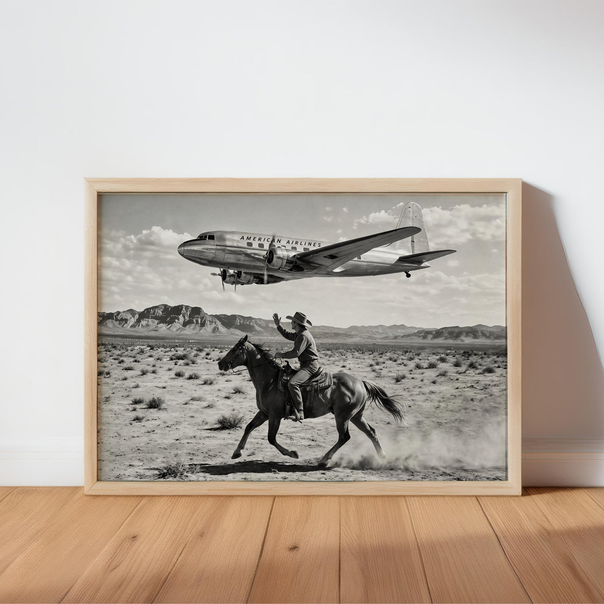 Cowboy & Airplane Wall Art, Vintage Aviation Print, Mid Century Desert Poster, Maximalist Western Decor, Black and White Funny Horse Rider