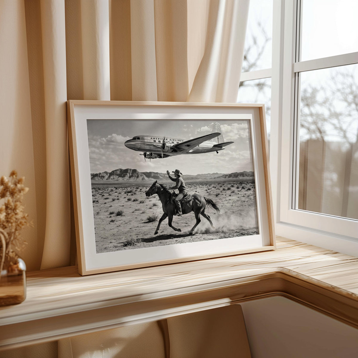 Cowboy & Airplane Wall Art, Vintage Aviation Print, Mid Century Desert Poster, Maximalist Western Decor, Black and White Funny Horse Rider
