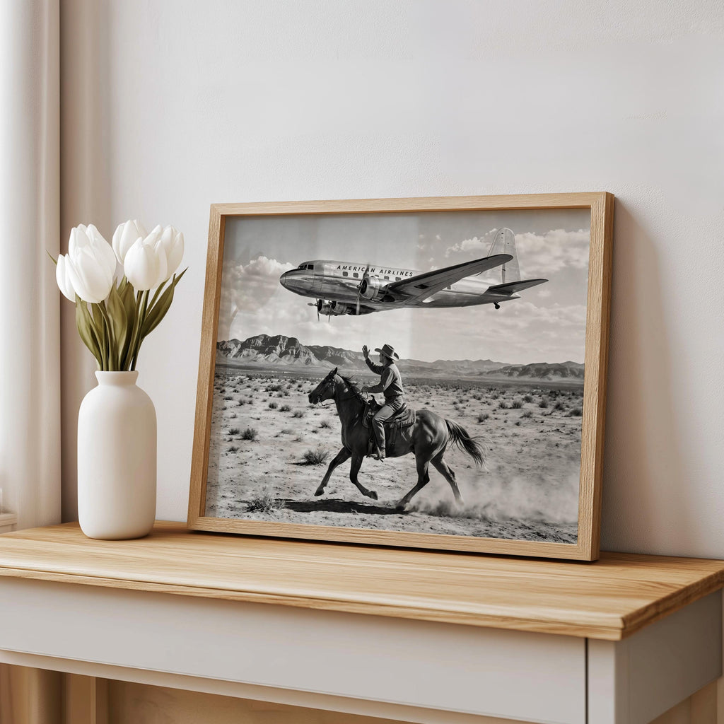 Cowboy & Airplane Wall Art, Vintage Aviation Print, Mid Century Desert Poster, Maximalist Western Decor, Black and White Funny Horse Rider