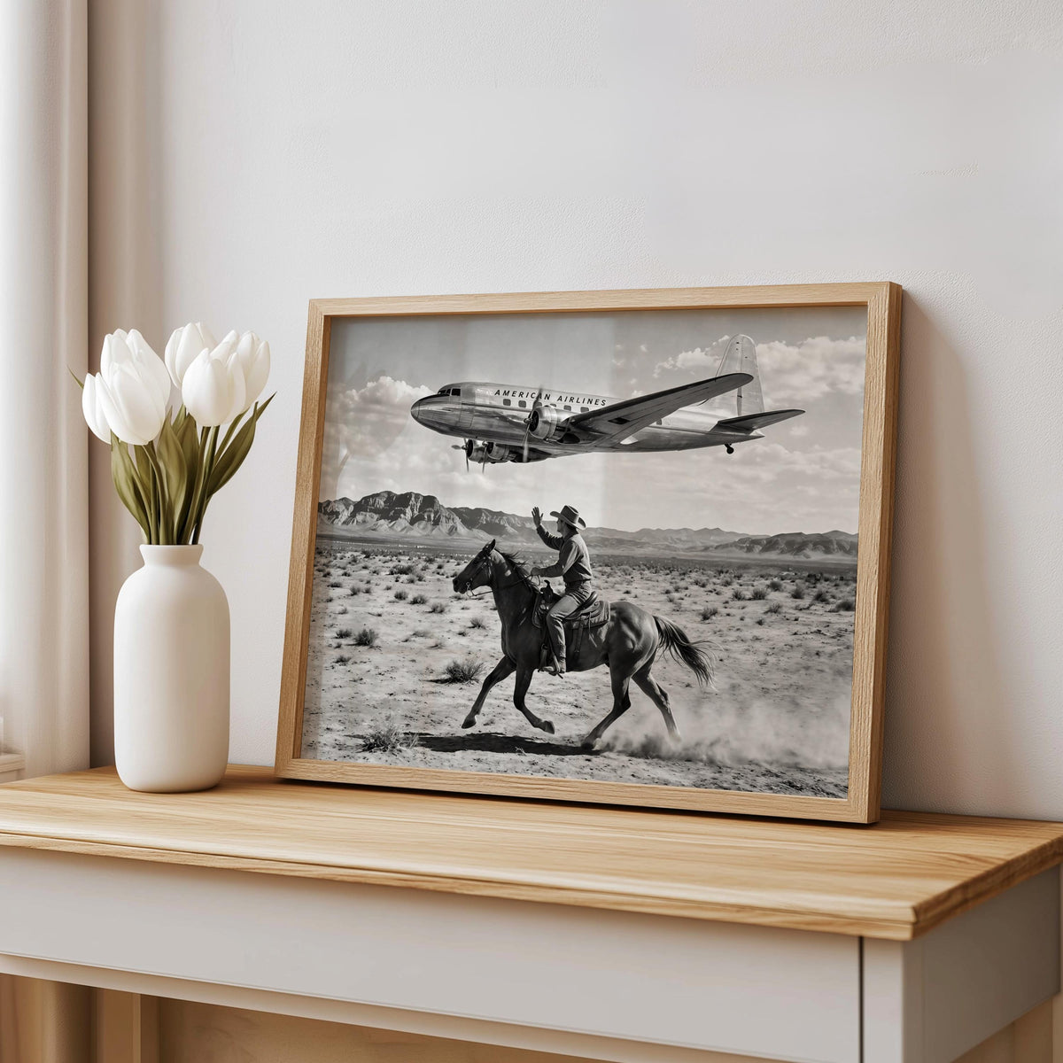 Cowboy & Airplane Wall Art, Vintage Aviation Print, Mid Century Desert Poster, Maximalist Western Decor, Black and White Funny Horse Rider