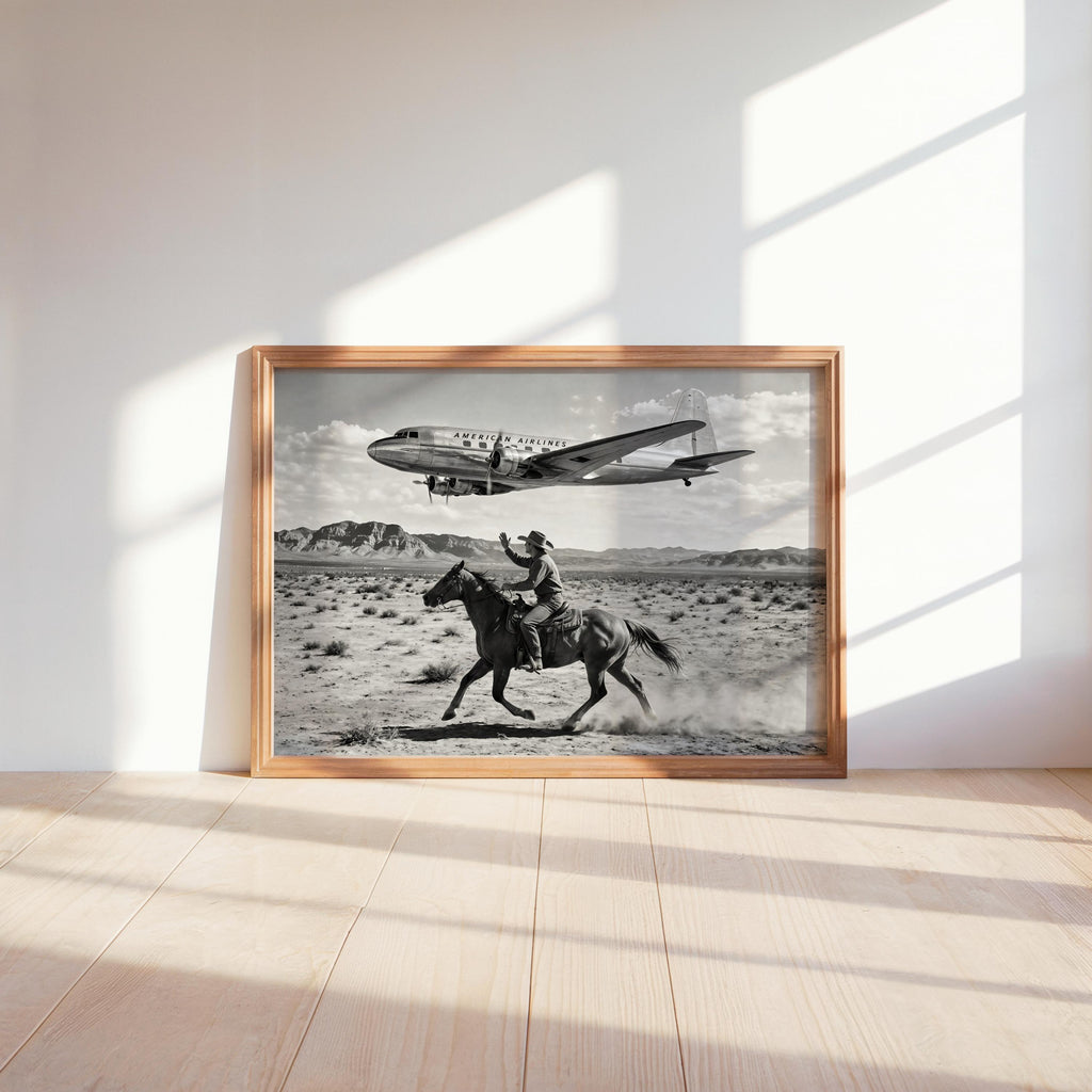 Cowboy & Airplane Wall Art, Vintage Aviation Print, Mid Century Desert Poster, Maximalist Western Decor, Black and White Funny Horse Rider