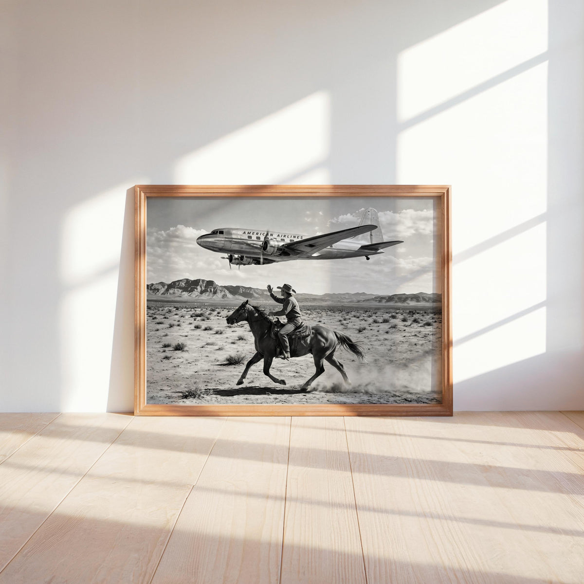 Cowboy & Airplane Wall Art, Vintage Aviation Print, Mid Century Desert Poster, Maximalist Western Decor, Black and White Funny Horse Rider