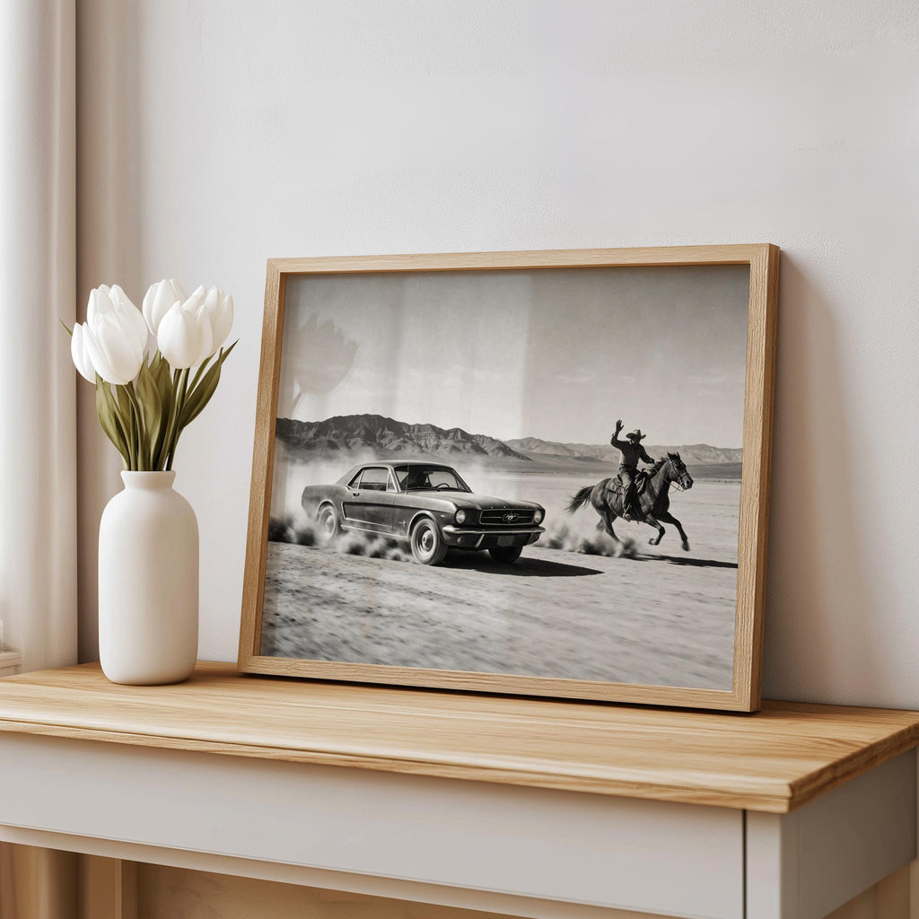 Cowboy & Horse VS Classic Car Print, Vintage Texas Black and White Photo, Western Country Old Poster, Mid Century Retro Americana Wall Art