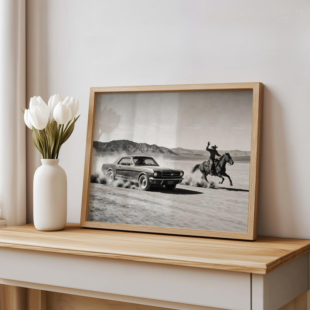 Cowboy & Horse VS Classic Car Print, Vintage Texas Black and White Photo, Western Country Old Poster, Mid Century Retro Americana Wall Art